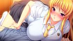  all_fours blonde_hair blush breasts empty_eyes large_breasts long_hair looking_at_viewer mind_control parted_lips purple_eyes school_uniform skirt skyhouse 