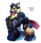  2019 anthro armor biceps canid canine canis domestic_dog garmr kemono male mammal muscular muscular_male simple_background solo tokyo_afterschool_summoners video_games wolfmalro 