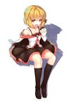  absurdres alternate_costume bangs black_dress black_legwear blonde_hair collarbone dress fang food full_body gloves hair_ribbon highres kneehighs looking_at_viewer neetsr open_mouth red_eyes ribbon rumia shadow short_hair simple_background sitting solo touhou white_background white_gloves 