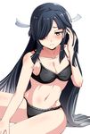  bare_legs bare_shoulders black_bra black_hair black_panties blush body_blush bondo_(borndragon) bra breasts brown_eyes cleavage collarbone hair_ribbon hayashimo_(kantai_collection) highres kantai_collection long_hair looking_at_viewer medium_breasts navel panties ribbon simple_background solo underwear underwear_only white_background 