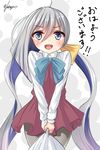  ahoge bag blue_eyes blue_hair blush bow bowtie commentary cowboy_shot dress grey_hair grey_legwear hair_between_eyes holding holding_bag kantai_collection kiyoshimo_(kantai_collection) long_hair looking_at_viewer low_twintails multicolored_hair natsunoyuu open_mouth pantyhose shirt signature simple_background sleeveless sleeveless_dress solo translated trash_bag twintails very_long_hair white_shirt 