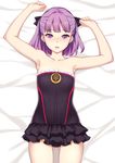 armpits arms_up ass_visible_through_thighs bangs bed_sheet blush collarbone dress fate/grand_order fate_(series) hair_ribbon helena_blavatsky_(fate/grand_order) lintanghaseo looking_at_viewer lying on_back open_mouth purple_eyes purple_hair ribbon short_hair skirt sleeveless solo strapless strapless_dress tree_of_life 