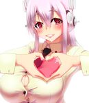  blush breasts cleavage commentary_request headphones heart heart-shaped_pupils heart_hands highres large_breasts long_hair looking_at_viewer nitroplus pink_eyes pink_hair smile solo super_sonico symbol-shaped_pupils yamaneko_ken 