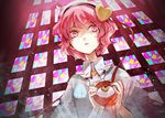  banned_artist hairband heart komeiji_satori kozou_(soumuden) long_sleeves open_mouth pink_eyes pink_hair shirt solo stained_glass touhou upper_body 