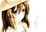  artist_name bangs brown_hair character_name copyright_name hair_between_eyes hat icchi looking_at_viewer monochrome simple_background smile solo summer_dress sun_hat sundress tokyo_ravens tsuchimikado_natsume white_background 