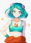  1girl bare_arms bare_shoulders blue_eyes blush bra breasts closed_mouth clothes_around_waist collarbone green_bra green_hair hagoromo_lala hair_ornament hairclip hand_on_hip head_tilt heart highres jewelry looking_at_viewer multicolored_hair necklace pink_hair precure rudo_(rudorudo0917) shiny shiny_hair short_hair sidelocks simple_background small_breasts smile solo sports_bra standing star star-shaped_pupils star_twinkle_precure streaked_hair sweatband symbol-shaped_pupils underwear white_background white_hair wristband 