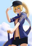  ahoge artoria_pendragon_(all) bad_id bad_pixiv_id baseball_cap blonde_hair blue_scarf blush fate/grand_order fate_(series) fedsnk hat highres hot jacket long_hair mysterious_heroine_x navel no_bra open_clothes ponytail rojiura_satsuki:_chapter_heroine_sanctuary scarf shorts solo summer sweat weapon 