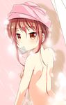  back blush brown_eyes brown_hair cafe-chan_to_break_time cafe_(cafe-chan_to_break_time) condom condom_in_mouth condom_wrapper from_behind hair_up highres looking_at_viewer looking_back mouth_hold nude porurin showering solo steam towel towel_on_head upper_body water 