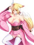  &gt;:) abe_no_seimei_(eiyuu_senki) absurdres animal_ears bare_shoulders blonde_hair breasts choker cleavage collarbone commentary_request cowboy_shot detached_sleeves eiyuu_senki eyeshadow fox_ears fox_tail hair_ornament hair_ribbon highres japanese_clothes kimono large_breasts long_hair long_sleeves looking_at_viewer low_ponytail makeup momiji_mikan no_bra obi off_shoulder ofuda red_ribbon ribbon sash smile solo tail thighhighs tied_hair transparent_background tsurime v-shaped_eyebrows white_legwear wide_sleeves yellow_eyes 