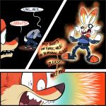  canid canine clothing crossover dialogue disney fire fox humor judy_hopps lagomorph mammal nick_wilde nintendo pok&eacute;mon pok&eacute;mon_(species) post_transformation rabbit scorbunny text transformation trevor-fox trevor-fox_(character) uniform video_games zootopia 