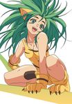  all_fours animal_ears bare_shoulders breasts cat_ears cham_cham cleavage green_eyes green_hair long_hair looking_at_viewer samurai_spirits smile snk solo tail xugashi 