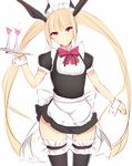  black_legwear blazblue blonde_hair bow cup daiaru drinking_glass hair_ribbon head_tilt long_hair looking_at_viewer maid maid_headdress rachel_alucard red_bow red_eyes ribbon simple_background sketch skirt smile solo tail thighhighs tray twintails white_background wine_glass wrist_cuffs 