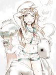  ahoge animal_costume animal_ears bear_costume brown_eyes brown_hair cat_costume cat_ears closed_eyes cosplay eyepatch green_hair hat huge_ahoge kamizono_(spookyhouse) kantai_collection kiso_(kantai_collection) kuma_(kantai_collection) long_hair multiple_girls neckerchief open_mouth sailor_collar sailor_hat school_uniform serafuku shirt short_hair short_sleeves shorts skirt tree tree_costume twitter_username 