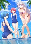 :o aqua_eyes arms_behind_back ass ass_visible_through_thighs bare_shoulders bikini blue_eyes blue_hair blush braid breasts bubble cat cleavage cloud covered_navel day elf emilia_(re:zero) flower hair_flower hair_ornament hair_over_one_eye hair_tie highres kazenokaze large_breasts leaning_forward long_hair looking_at_viewer looking_back medium_breasts multiple_girls navel one-piece_swimsuit open_mouth outdoors palm_tree partially_underwater_shot pink_eyes pointy_ears pool pool_ladder puck_(re:zero) purple_eyes ram_(re:zero) re:zero_kara_hajimeru_isekai_seikatsu red_hair rem_(re:zero) short_hair siblings side-tie_bikini silver_hair sisters sky sleeveless small_breasts swimsuit thigh_gap thumbs_up tree twins wading water wet 