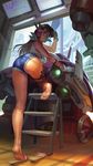  2016 absurdres ass bad_source bare_shoulders barefoot breasts brown_eyes brown_hair bunny_headphones casual d.va_(overwatch) dated denim denim_shorts facial_mark feet food from_behind gloves headphones highres leg_up legs li_chunfu long_hair long_legs looking_at_viewer looking_back mecha meka_(overwatch) mouth_hold overwatch popsicle sandals short_shorts shorts signature small_breasts soles solo tank_top thighs toes underboob whisker_markings wrench 