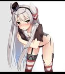  amatsukaze_(kantai_collection) black_panties blush brown_eyes covering covering_chest dress hair_tubes kantai_collection leaning_forward letterboxed long_hair looking_at_viewer panties red_legwear silver_hair solo striped striped_legwear tenrai thighhighs torn_clothes torn_dress torn_legwear two_side_up underwear wavy_mouth windsock 