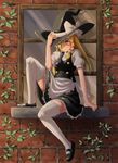  apron blonde_hair bow braid brick_wall buttons day dress hair_bow hair_over_one_eye hand_on_headwear hat hat_bow highres inuno_rakugaki kirisame_marisa long_hair outdoors plant shoes side_braid sitting solo thighhighs touhou vest vines white_legwear window windowsill witch_hat yellow_eyes 