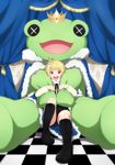  bad_id bad_pixiv_id blonde_hair blush boots crown earrings full_body highres idolmaster idolmaster_side-m jewelry kaerre male_focus niki_(nikism1987) open_mouth oversized_object pierre_(idolmaster) purple_eyes smile solo stuffed_animal stuffed_frog stuffed_toy 