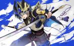  all_male armor blue_eyes fate/grand_order fate_(series) gao_changgong gloves gray_hair headdress hirai_yuzuki horns male short_hair signed sword waifu2x weapon 