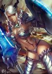  armor armored_boots bikini_armor boots castanic_(tera) dark_skin fur lance lipstick long_hair looking_at_viewer makeup navel pauldrons pointy_ears polearm shield solo tera_online vambraces weapon white_hair wuduo yellow_eyes 