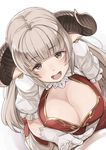  :d alicia_(granblue_fantasy) all_fours armor bangs bed_sheet bikini bikini_armor blunt_bangs blush breasts cleavage cleavage_cutout cross cross_earrings downblouse draph dutch_angle earrings elbow_gloves eyebrows eyebrows_visible_through_hair frilled_sleeves frills gloves granblue_fantasy horns jewelry kawaty large_breasts long_hair looking_at_viewer looking_up open_mouth pointy_ears puffy_short_sleeves puffy_sleeves red_bikini short_sleeves smile solo swimsuit white_gloves white_hair 