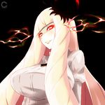  bangs blunt_bangs breasts cilica glowing glowing_eyes grin highres juliet_sleeves kantai_collection large_breasts long_hair long_sleeves lycoris_hime puffy_sleeves red_eyes shinkaisei-kan smile solo upper_body white_hair white_skin 