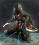  absurdres artist_name bodysuit disc_(tron) dual_wielding gloves helmet highres holding jazzjack kneeling male_focus neon_lights neon_trim rinzler solo squatting tron tron:_legacy 