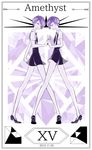  2others amethyst_(houseki_no_kuni) androgynous bare_arms bare_legs black_footwear black_neckwear black_shorts border braid character_name closed_mouth cojimama collared_shirt dated diamond_(symbol) full_body gem_uniform_(houseki_no_kuni) hair_over_one_eye holding_hands houseki_no_kuni legs_apart looking_at_viewer multiple_others necktie one_eye_covered profile purple_hair roman_numerals shirt shoes short_hair short_sleeves shorts siblings smile standing suspender_shorts suspenders twins uniform white_shirt 