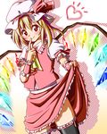  black_legwear blonde_hair bow finger_to_mouth flandre_scarlet frills hat hat_bow heart inuno_rakugaki red_eyes skirt skirt_hold solo thighhighs touhou wings zettai_ryouiki 