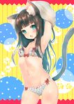  animal_ears armpits arms_up bangs black_hair blue_eyes blunt_bangs blush bow bow_bra bow_panties bra breasts cat-shaped_pupils cat_ears cat_tail fang long_hair looking_at_viewer navel open_mouth original panties ribbon-trimmed_panties ribbon_trim small_breasts solo suzuho_hotaru symbol-shaped_pupils tail underwear undressing white_bra white_panties 