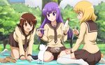  bad_id bad_pixiv_id blanket blonde_hair bread_crust brown_eyes brown_hair cat commentary_request glasses grass hayama_teru highres juice_box long_hair mayonnaise multiple_girls nishikawa_youko odagiri_futaba open_mouth picnic purple_eyes purple_hair sansha_san'you school_uniform serafuku shira-nyoro squeeze_bottle thighhighs tree yakisobapan yellow_eyes 