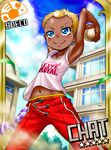  armpits ball blonde_hair blue_eyes blush boro building card_(medium) card_parody character_name chat cinderella_girls_card_parody cloud dark_skin day navel pants shirt short_hair sky smile solo sport tales_of_(series) tales_of_eternia very_short_hair 