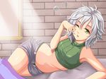  arm_support bare_shoulders bed_sheet bubble crop_top eiyuu_densetsu fie_claussell green_eyes green_panties grey_hair highres hips light_rays looking_at_viewer lying midriff navel on_side one_eye_closed open_clothes open_shorts panties parted_lips rubbing_eyes sen_no_kiseki short_hair short_shorts shorts sleeveless solo underwear waking_up window you_xi_feng 
