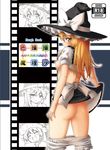  ass blonde_hair bloomers bloomers_pull bow breasts breasts_outside cover cover_page film_strip hat hat_bow highres inuno_rakugaki kirisame_marisa looking_back nipples shirt_lift small_breasts solo touhou underwear white_bow witch_hat yellow_eyes 
