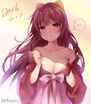  2016 bangs bare_shoulders blush bow breasts chiyingzai cleavage closed_mouth collarbone dated eyebrows eyebrows_visible_through_hair frown gradient gradient_background hair_bow hakama japanese_clothes kamikaze_(kantai_collection) kantai_collection kimono large_breasts long_hair looking_at_viewer meiji_schoolgirl_uniform off_shoulder pink_hakama purple_eyes purple_hair sketch solo spoken_squiggle squiggle twitter_username upper_body very_long_hair 