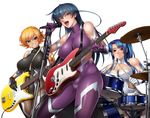  album_cover aqua_eyes band bare_shoulders bass_guitar black_hair blonde_hair blue_eyes blue_hair blush bodysuit breasts cleavage cleavage_cutout clenched_teeth drum drum_set drumsticks electric_guitar female fishnets grin guitar highres igawa_asagi igawa_sakura instrument kagami_hirotaka large_breasts leotard long_hair looking_at_viewer microphone multiple_girls open_mouth plectrum ponytail red_hair round_teeth shiny_skin short_hair sidelocks singing sitting skin_tight sleeveless sleeveless_bodysuit sleeveless_turtleneck smile stage stage_lights standing taimanin_(series) taimanin_asagi team teeth turtleneck yatsu_murasaki 