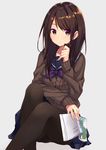  ascot banned_artist black_legwear book brown_eyes brown_hair closed_mouth cookie expressionless food grey_background holding holding_book long_hair looking_at_viewer neckerchief oreo original pantyhose school_uniform simple_background skirt solo suisen sweater 