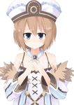  bare_shoulders blanc blancpig_yryr blue_eyes brown_hair fingers_together fur_trim hat highres looking_at_viewer neptune_(series) ribbon short_hair solo 