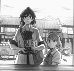  2girls absurdres architecture bag bow camera cart cirno collared_shirt east_asian_architecture eyebrows_visible_through_hair food_stand greyscale hair_bow hat highres human_village_(touhou) ice ice_wings light_smile monochrome multiple_girls newspaper pom_pom_(clothes) ribbon royl satchel shameimaru_aya shirt short_hair short_sleeves tokin_hat touhou wheel wings 