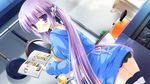  apron book character_request game_cg highres hyper_highspeed_genius long_hair miyasu_risa purple_eyes purple_hair shunju_utako thighhighs twintails wallpaper 