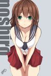  bare_shoulders breasts brown_hair character_name cleavage cleavage_cutout commentary_request green_eyes kantai_collection large_breasts long_hair looking_at_viewer noshiro_(kantai_collection) red_skirt skirt solo yanagi_wakana 