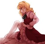  adjusting_clothes adjusting_legwear blonde_hair commentary dolls_in_pseudo_paradise dress dressing extra frilled_dress frills long_hair mouth_hold nekolina no_hat no_headwear ribbon shirt solo thighhighs touhou wing_collar yellow_eyes 