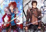  1boy 1girl beard blue_shirt brown_eyes brown_hair brown_shirt facial_hair gears goatee jacket jewelry leather leather_jacket maerel_hibadita necklace pointy_ears ponytail puffy_sleeves red_eyes red_hair sheath sheathed shirt short_hair sword weapon 