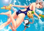  animal cat clouds eiyuu_densetsu fie_claussell green_eyes short_hair sky swimsuit white_hair yamaoyaji 