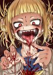  4shi bangs blonde_hair blood blood_on_face blood_splatter blunt_bangs boku_no_hero_academia cardigan crazy_eyes double_bun face fangs finger_to_mouth heart highres long_sleeves looking_down motion_lines neckerchief red_background red_eyes sailor_collar shaded_face short_hair simple_background solo teeth toga_himiko tongue tongue_out trembling upper_body 