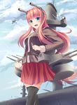  :d aircraft airplane bangs battleship black_legwear black_shirt blue_eyes blunt_bangs blush cloud cloudy_sky commentary day fang headgear highres long_hair long_sleeves looking_at_viewer military military_uniform military_vehicle open_mouth original personification pink_hair pleated_skirt red_skirt ship shirt sidelocks skirt sky smile smokestack sms_grosser_kurfurst solo standing thighhighs turret ucukrtz uniform very_long_hair warship watercraft 