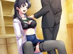  black_hair blue_eyes blush bra breasts circle_hitori cleavage empty_eyes long_hair mind_control open_clothes open_mouth panties shirt shirt_lift sitting soushinjutsu_3 teacher thighhighs underwear 