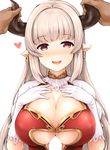  :d alicia_(granblue_fantasy) bangs blush breasts brown_eyes censored cleavage draph dress earrings gloves granblue_fantasy hands_on_own_chest heart horn_grab horns huge_breasts jewelry large_breasts long_hair looking_at_viewer open_mouth out_of_frame paizuri penis pointy_ears pov pov_hands red_eyes silver_hair simple_background smile solo_focus uni8 upper_body white_background white_gloves 