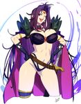  :d armlet armor azusa_(hws) black_bra black_gloves black_panties blue_eyes bra breasts cape circlet elbow_gloves gloves hands_on_hips highleg highleg_panties huge_breasts legs_apart long_hair looking_at_viewer midriff naga_the_serpent navel one_eye_closed open_mouth panties purple_cape purple_hair revealing_clothes scabbard sheath sheathed shiny shiny_hair shiny_skin shoulder_armor signature simple_background skull slayers smile solo spikes standing sword thighlet turtleneck underwear very_long_hair weapon white_background 