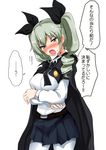  anchovy anzio_school_uniform belt black_neckwear black_skirt blush breast_hold breasts cape commentary_request contrapposto cowboy_shot drill_hair emblem girls_und_panzer green_hair hair_ribbon large_breasts long_hair long_sleeves looking_at_viewer miniskirt necktie nose_blush open_mouth pantyhose pleated_skirt poshi_(ginmokusei) red_eyes ribbon school_uniform shirt skirt solo standing sweat translation_request tsurime twin_drills twintails white_legwear white_shirt 